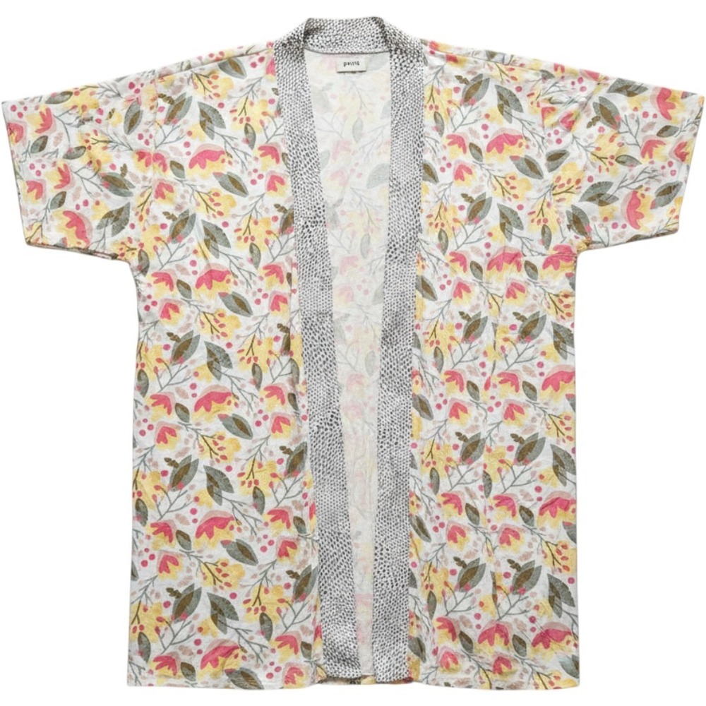 Pact Floral Robe XL/XXL Yellow Pink Organic Cotton Open Front Pockets Boho